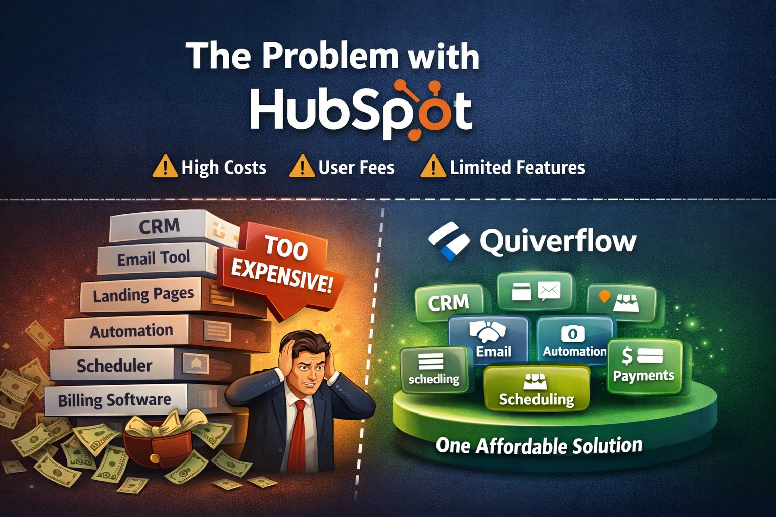 Illustration showing the problem with HubSpot pricing versus Quiverflow as an all in one affordable CRM for small businesses