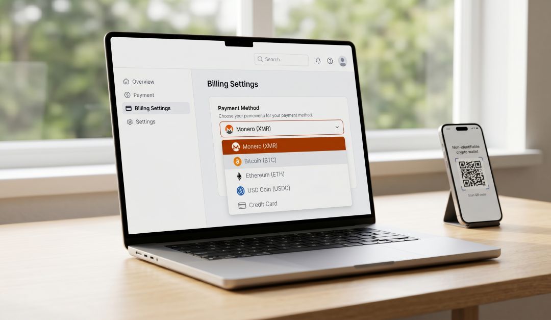 "Laptop screen displaying the Quiverflow payment settings menu with Monero (XMR) selected as the primary cryptocurrency payment method